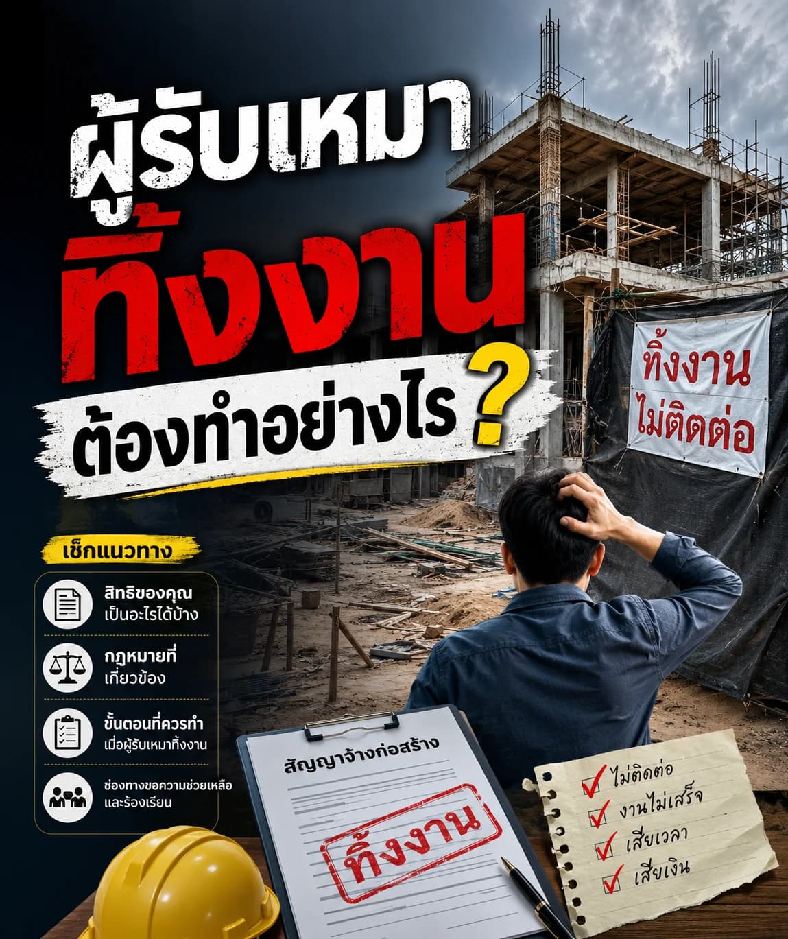ผู้รับเหมาทิ้งงาน ต้องทำอย่างไร? เปิดสิทธิตามกฎหมาย พร้อมขั้นตอนรับมือก่อนเสียทั้งเงินทั้งเวลา