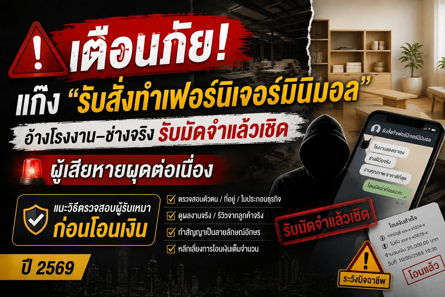 เตือนภัย! แก๊ง “รับสั่งทำเฟอร์นิเจอร์มินิมอล” อ้างโรงงาน–ช่างจริง รับมัดจำแล้วเชิด ผู้เสียหายผุดต่อเนื่อง แนะวิธีตรวจสอบผู้รับเหมาก่อนโอนเงิน ปี 2569