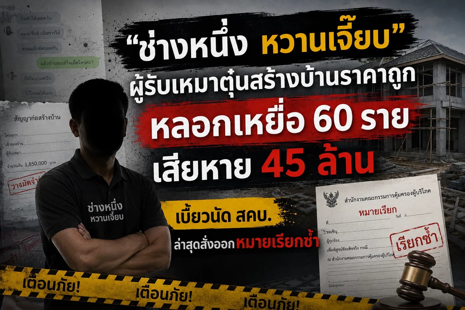 ช่างหนึ่ง หวานเจี๊ยบ" ผู้รับเหมาตุ๋นสร้างบ้านราคาถูก หลอกเหยื่อ 60 ราย เสียหาย 45 ล้าน — เบี้ยวนัด สคบ. ล่าสุดสั่งออกหมายเรียกซ้ำ