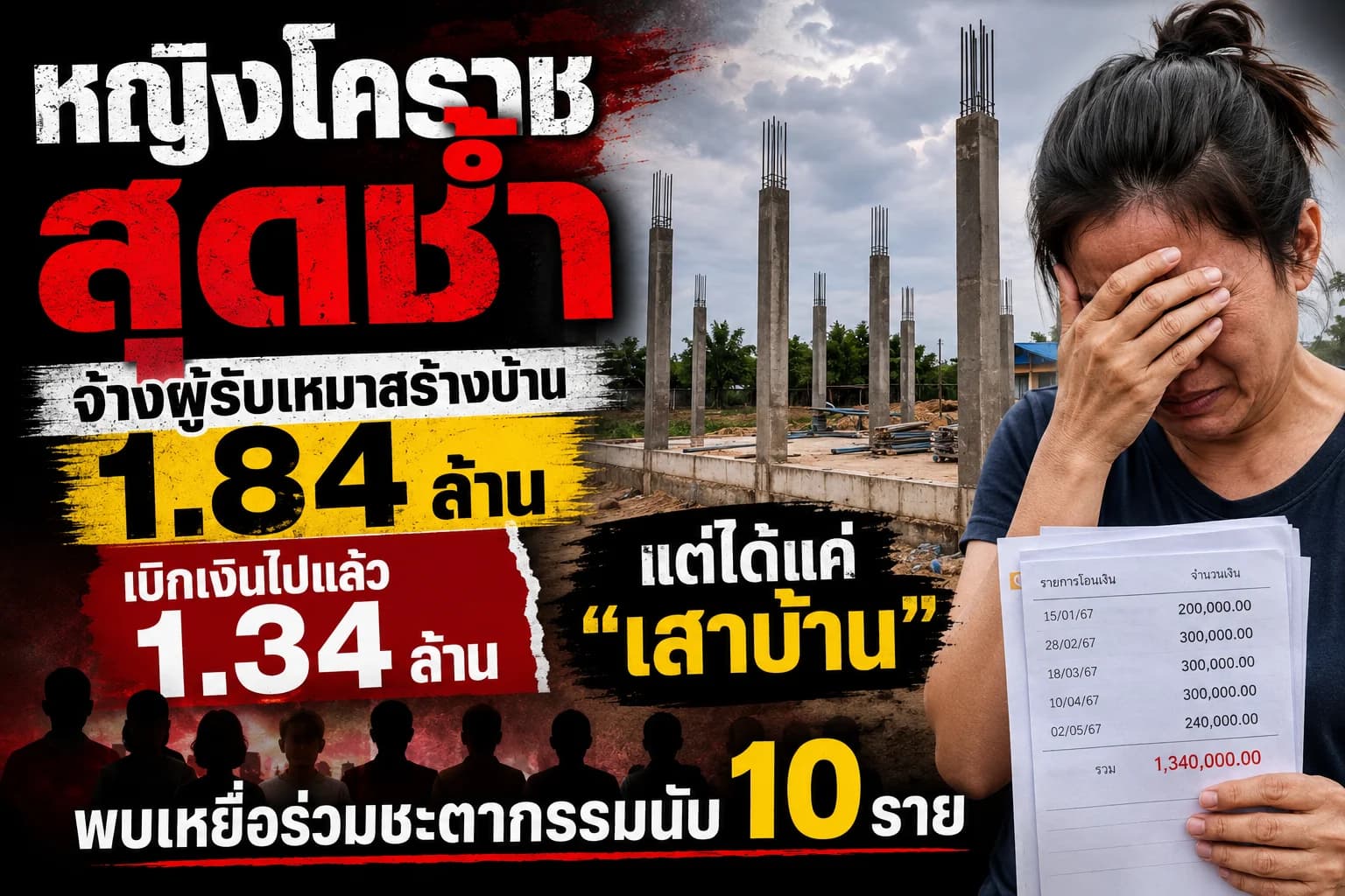 หญิงโคราชสุดช้ำ จ้างผู้รับเหมาสร้างบ้าน 1.84 ล้าน เบิกเงินไปแล้ว 1.34 ล้าน แต่ได้แค่ "เสาบ้าน" พบเหยื่อร่วมชะตากรรมนับ 10 ราย