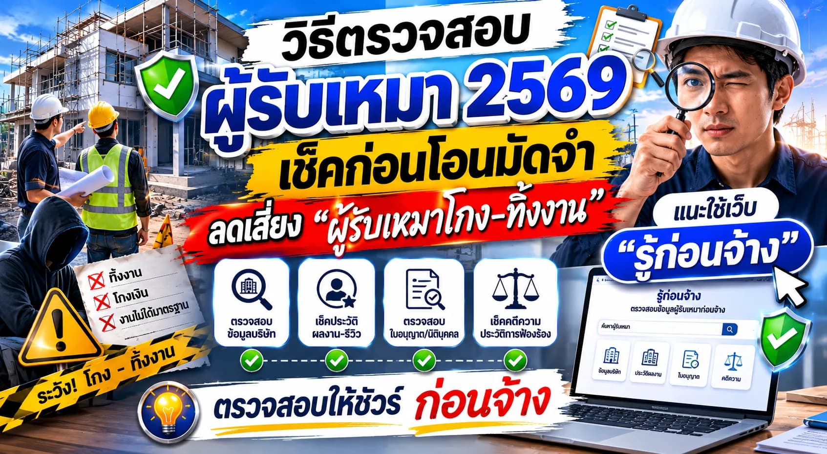 วิธีตรวจสอบผู้รับเหมา 2569 เช็คก่อนโอนมัดจำ ลดเสี่ยง "ผู้รับเหมาโกง-ทิ้งงาน" แนะใช้เว็บ "รู้ก่อนจ้าง"