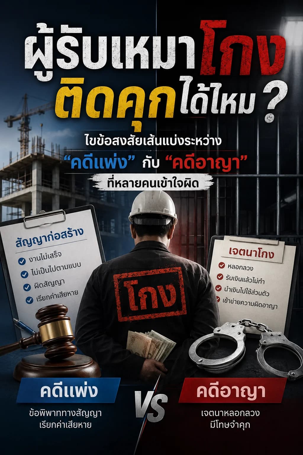 ผู้รับเหมาโกง ติดคุกได้ไหม? ไขข้อสงสัยเส้นแบ่งระหว่าง "คดีแพ่ง" กับ "คดีอาญา" ที่หลายคนเข้าใจผิด