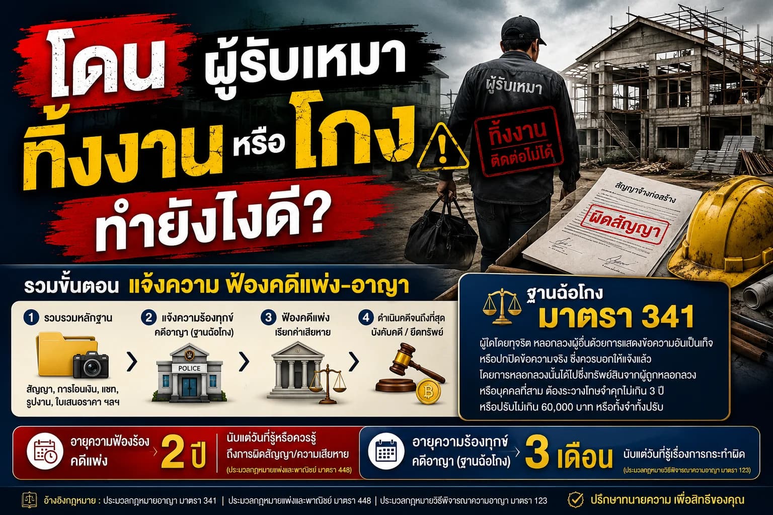โดนผู้รับเหมาโกง/ทิ้งงาน ต้องทำยังไง? แจ้งความได้ไหม ฟ้องอาญาหรือแพ่ง อายุความกี่ปี